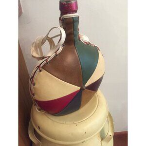 Vtg 1960's Handmade 16 Leather Triangle Sewn On Glass Bottle With Strap Spain